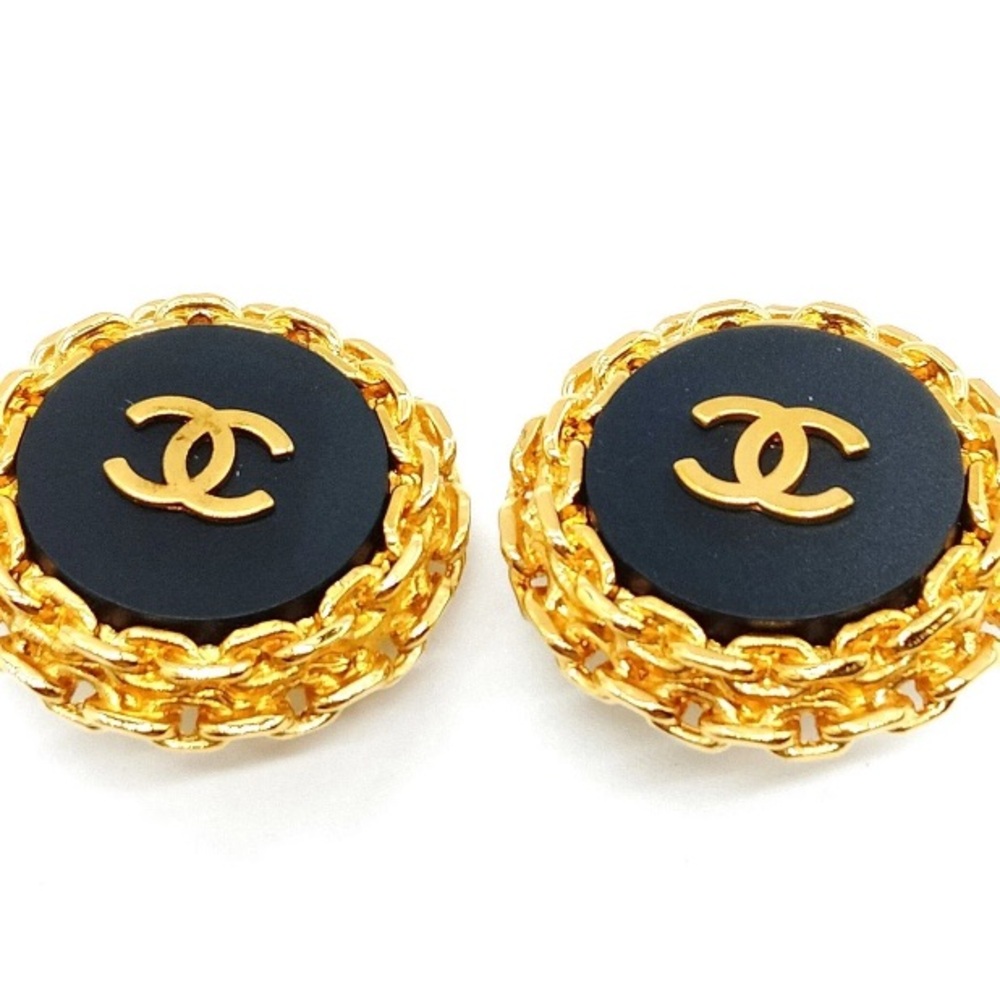 Authentic Chanel Chain Motif Earrings Clip On Vintage Black Gold